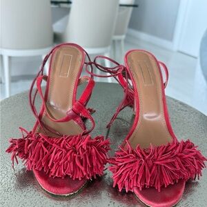 Aquazzura Red Fringed Suede Wild Thing Ankle Wrap Sandals Size 37.5